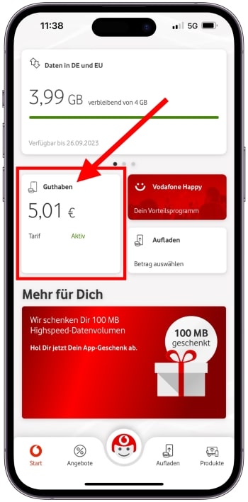 MeinVodafone App Guthaben abfragen